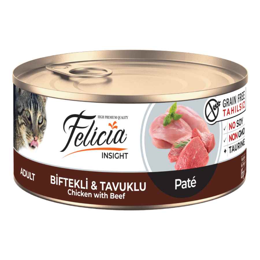 Felicia Tahılsız 85 gr Biftekli-Tavuklu Kıyılmış . Yaş Kedi Maması 24 Adet