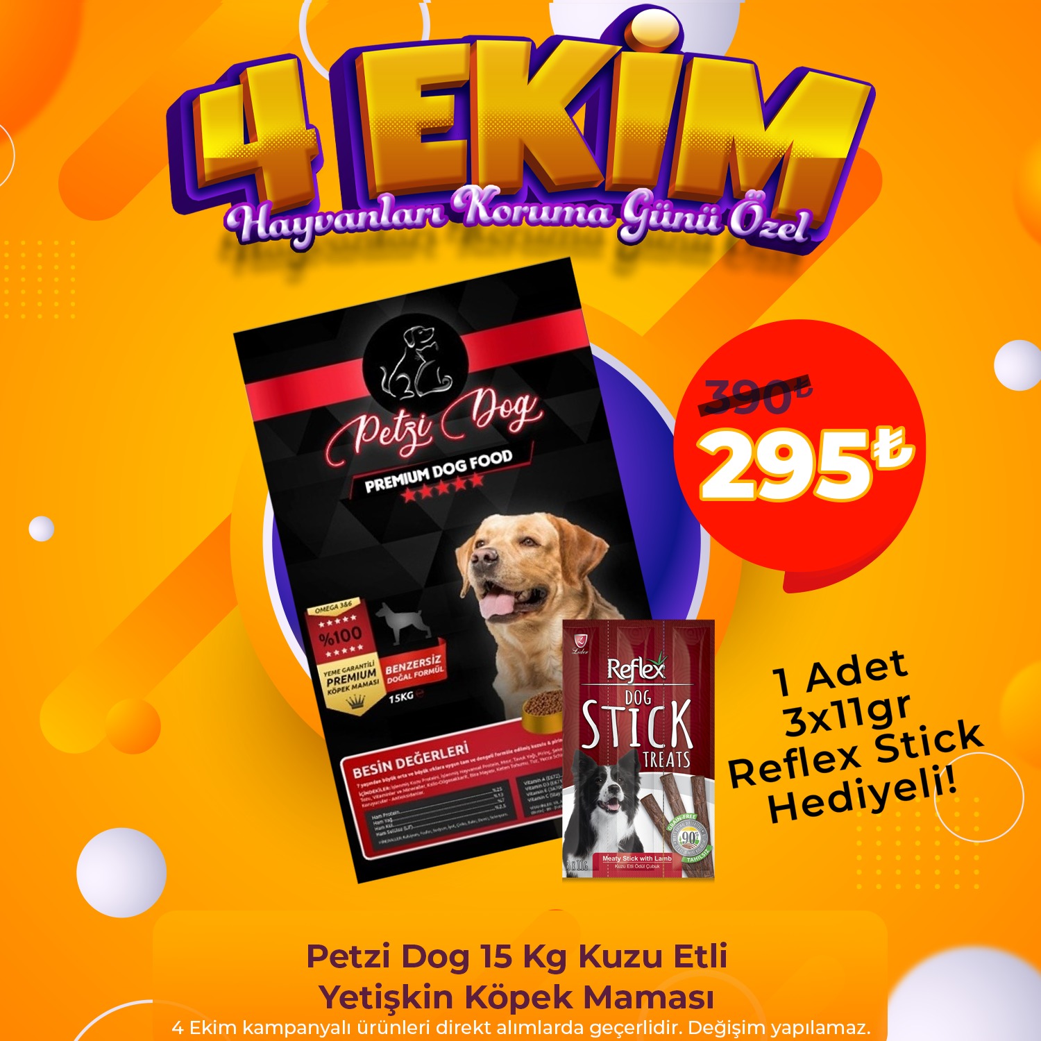Petzi Dog 15 Kg Kuzu Etli Yetişkin Köpek Maması + 1 Adet 3 x 11gr Reflex Stick Ödül Hediyeli!