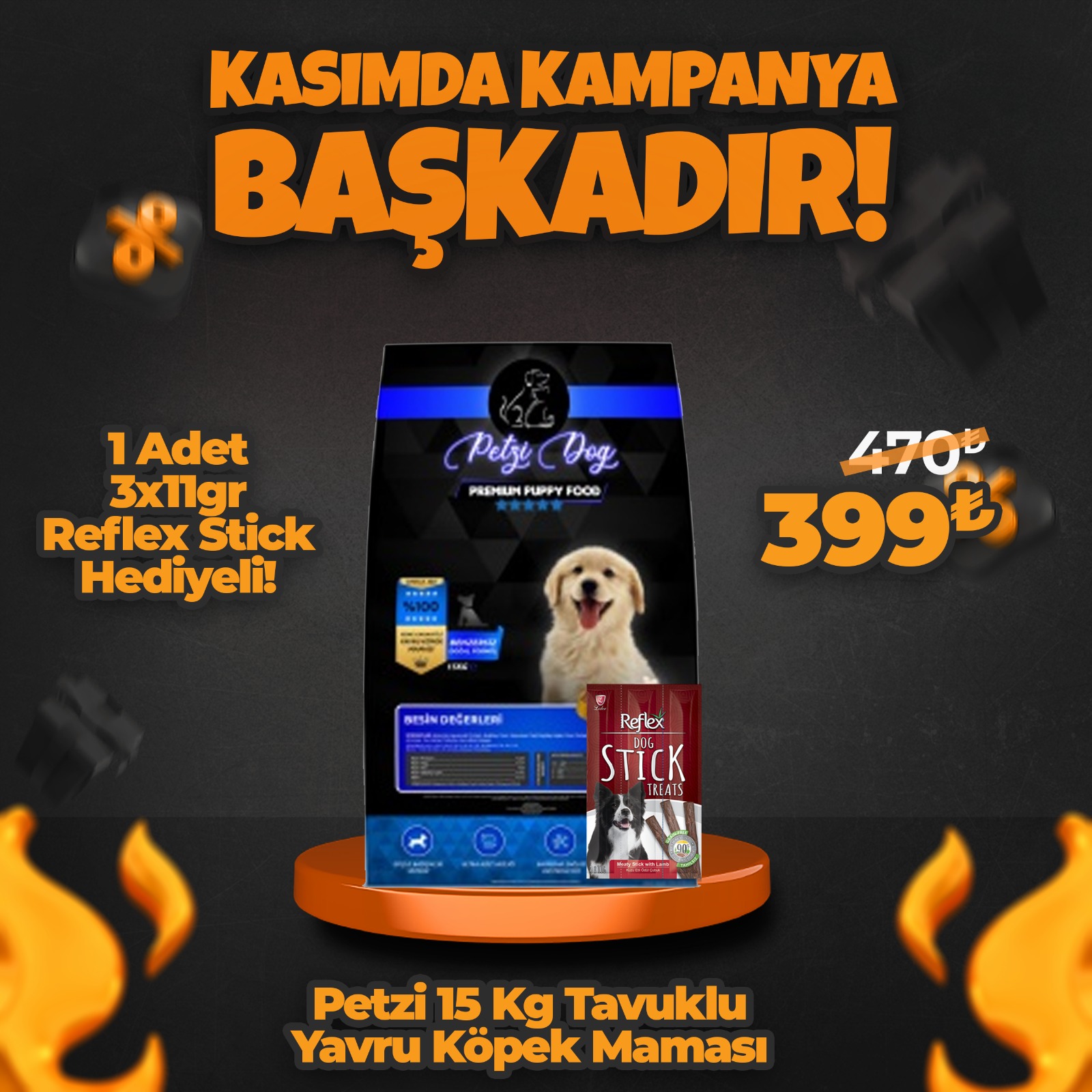 Petzi Dog 15 Kg Tavuklu Yavru Köpek Maması + 1 Adet Reflex Stick Ödül Hediye