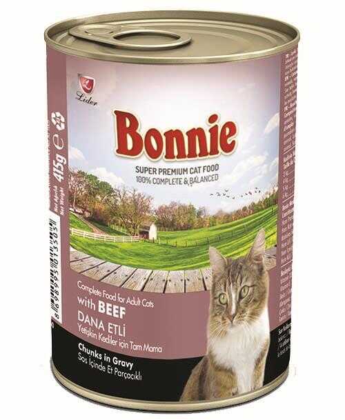 Bonnie Sos İçinde Parçacıklı Dana Etli Yetişkin Kedi Konserve Maması 400 Gr x 24 Adet