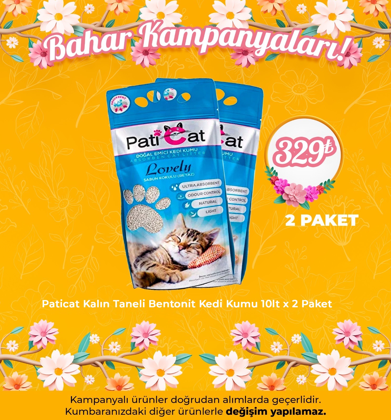 PatiCat 10Lt x 2 Paket Kalın Taneli Topaklanan Kedi Kumu