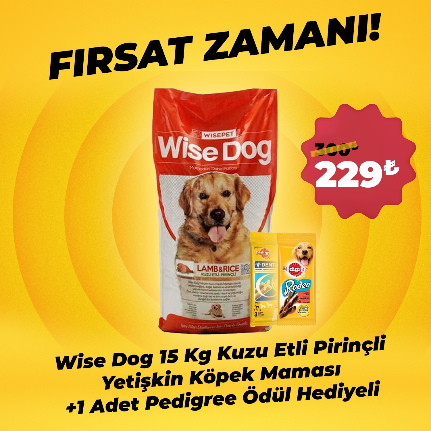 Wise Dog 15 Kg Kuzu Etli Pirinçli Yetişkin Köpek Maması + 1 Adet Pedigree Ödül Hediyeli