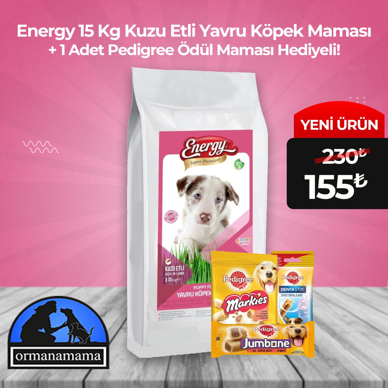 Energy 15 Kg Kuzu Etli Yavru Köpek Maması 1 Adet Pedigree Ödül Maması Hediyeli!
