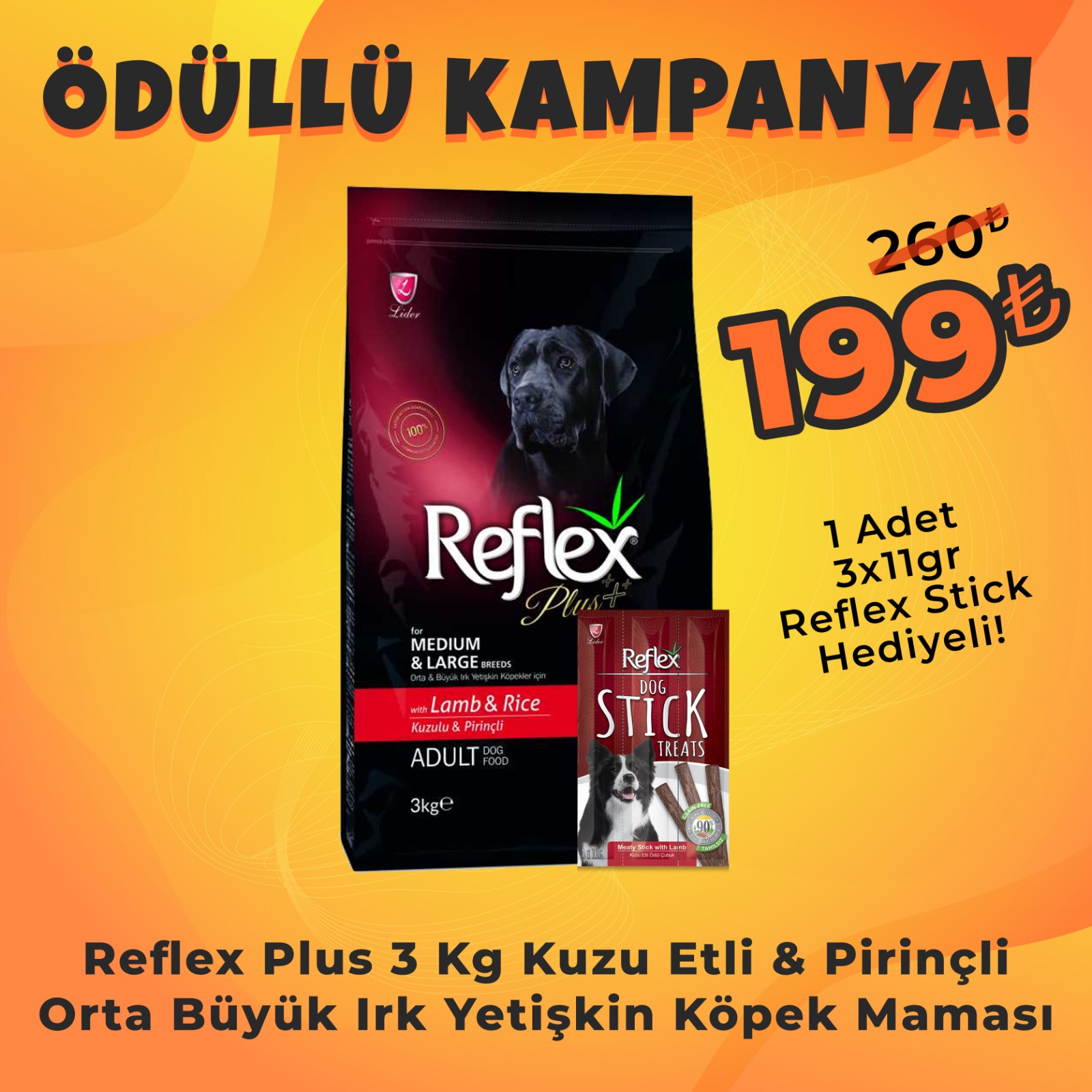 Reflex Plus Orta Büyük Irk Kuzu Pirinç Yetişkin Köpek Maması 3 Kg + Reflex Köpek Stick Ödül Hediyeli 3x11 Gr