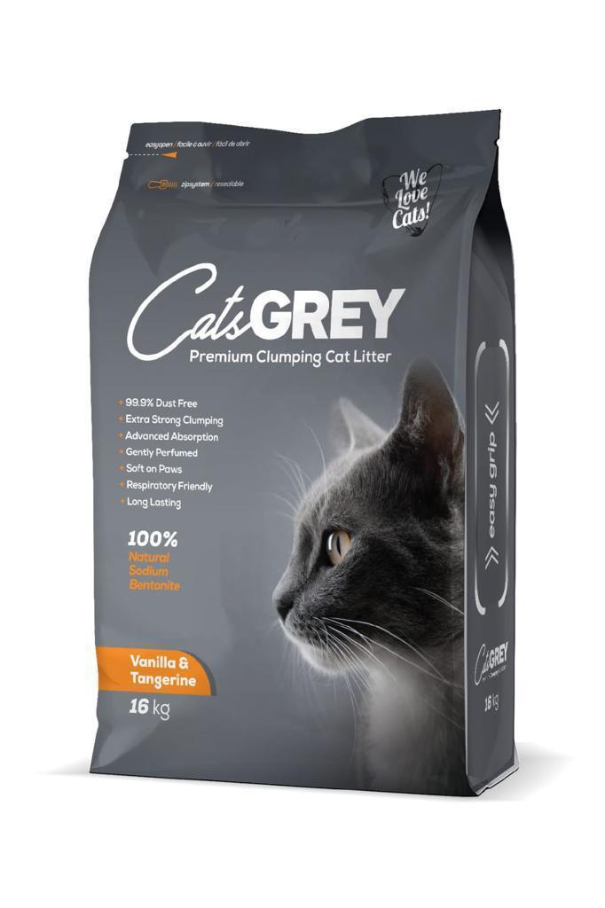 Cat's Grey Premium Vanilya ve Mandalina Kokulu Tozsuz Topaklanan İnce Taneli Bentonit Kedi Kumu 16kg