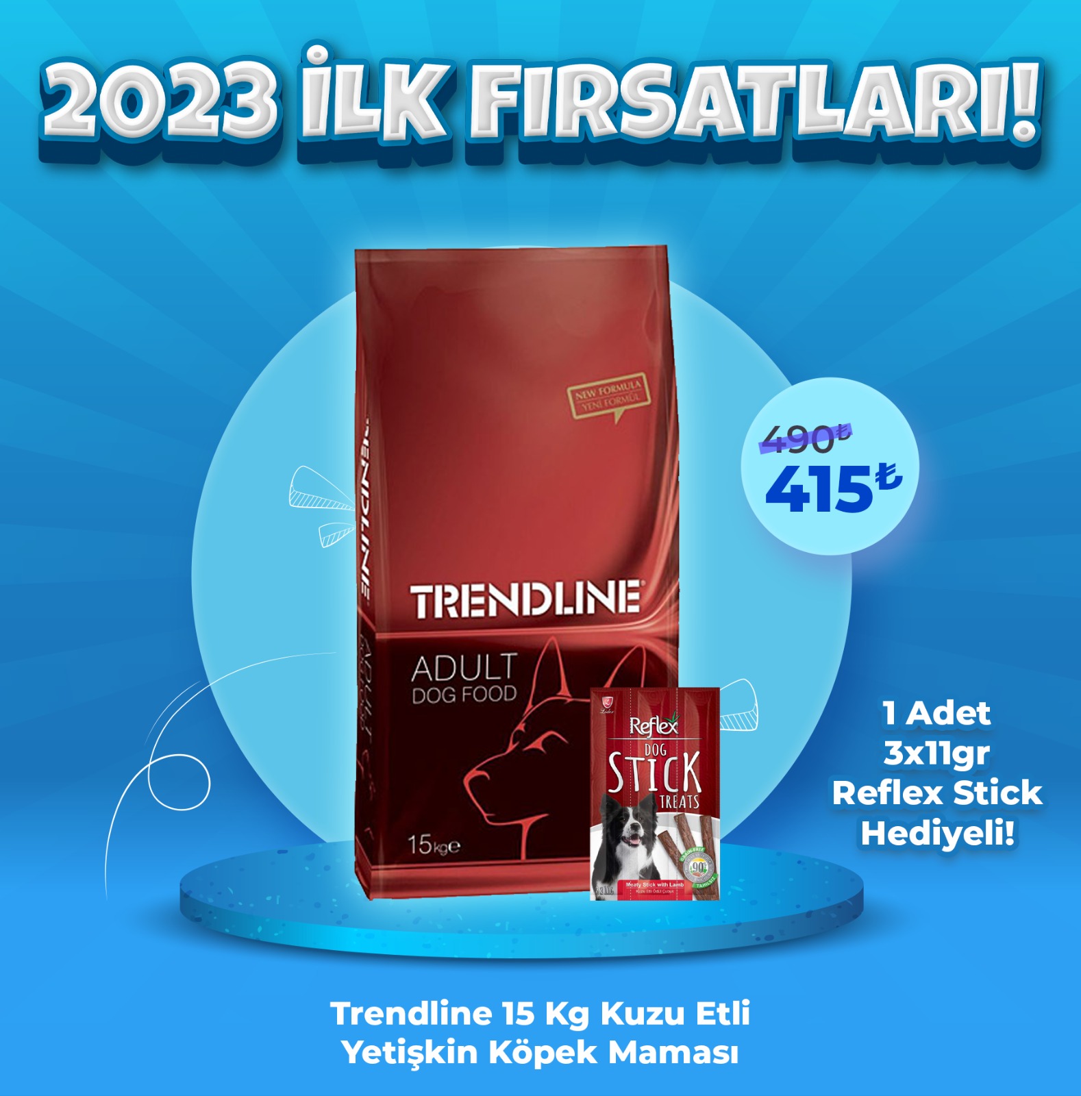 Trendline Kuzu Etli Yetişkin Köpek Maması 15 Kg + 1 Adet Reflex 3x11 gr Stick Ödül Maması Hediye