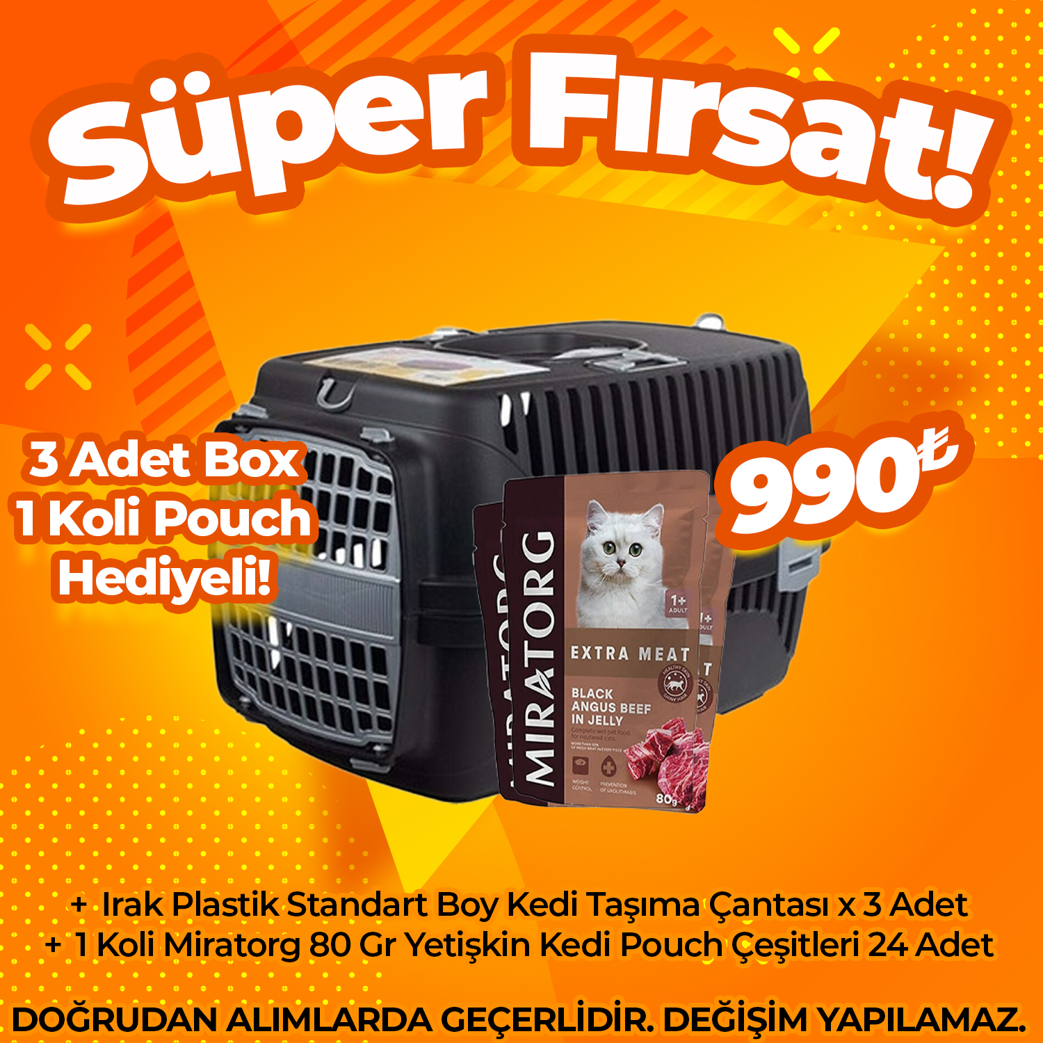 Irak Plastik Standart Boy Kedi Taşıma Çantası x 3 Adet + 1 koli Miratorg Kedi Pouch