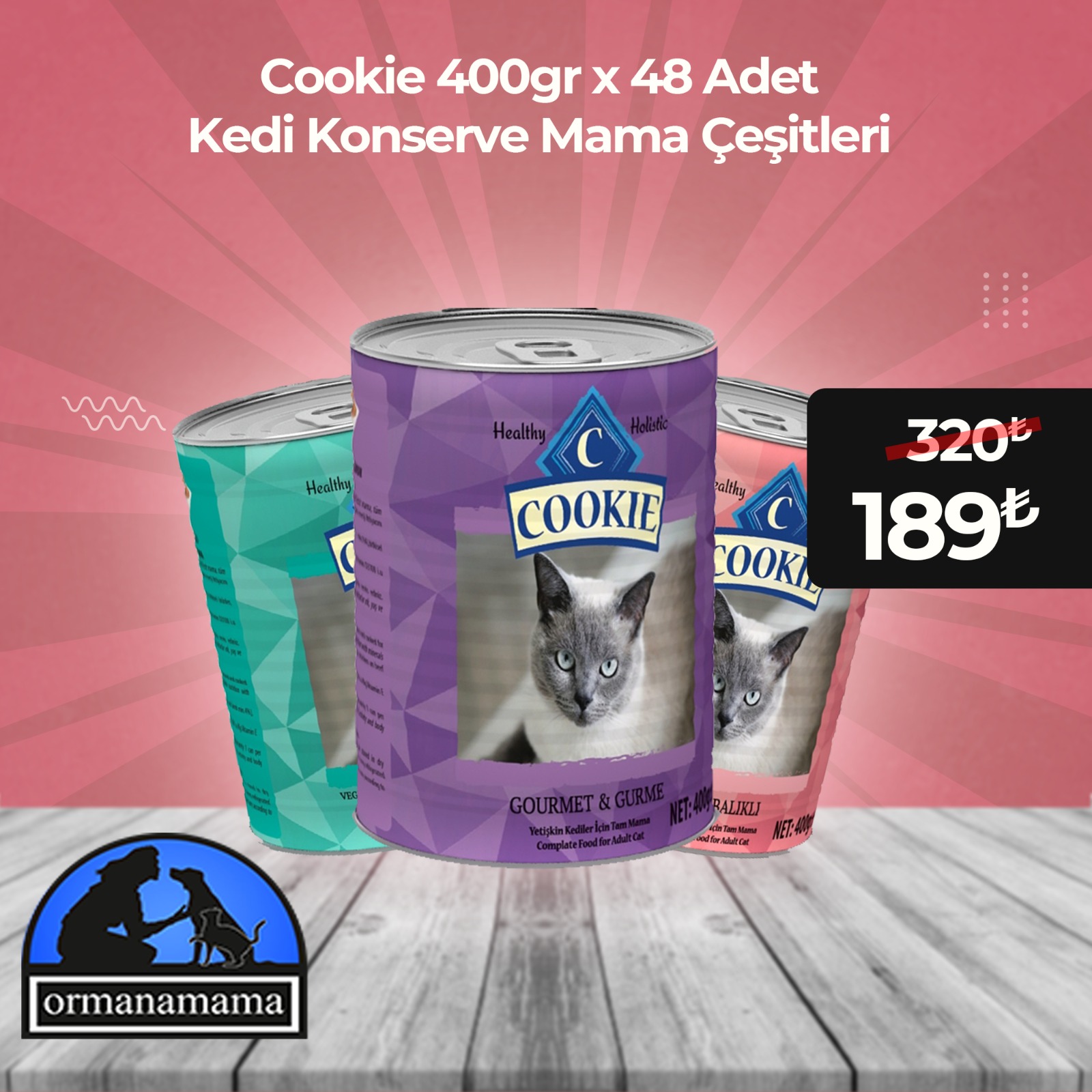 Cookie Kedi Konserve Mama Çeşitleri 400gr x 48 Adet