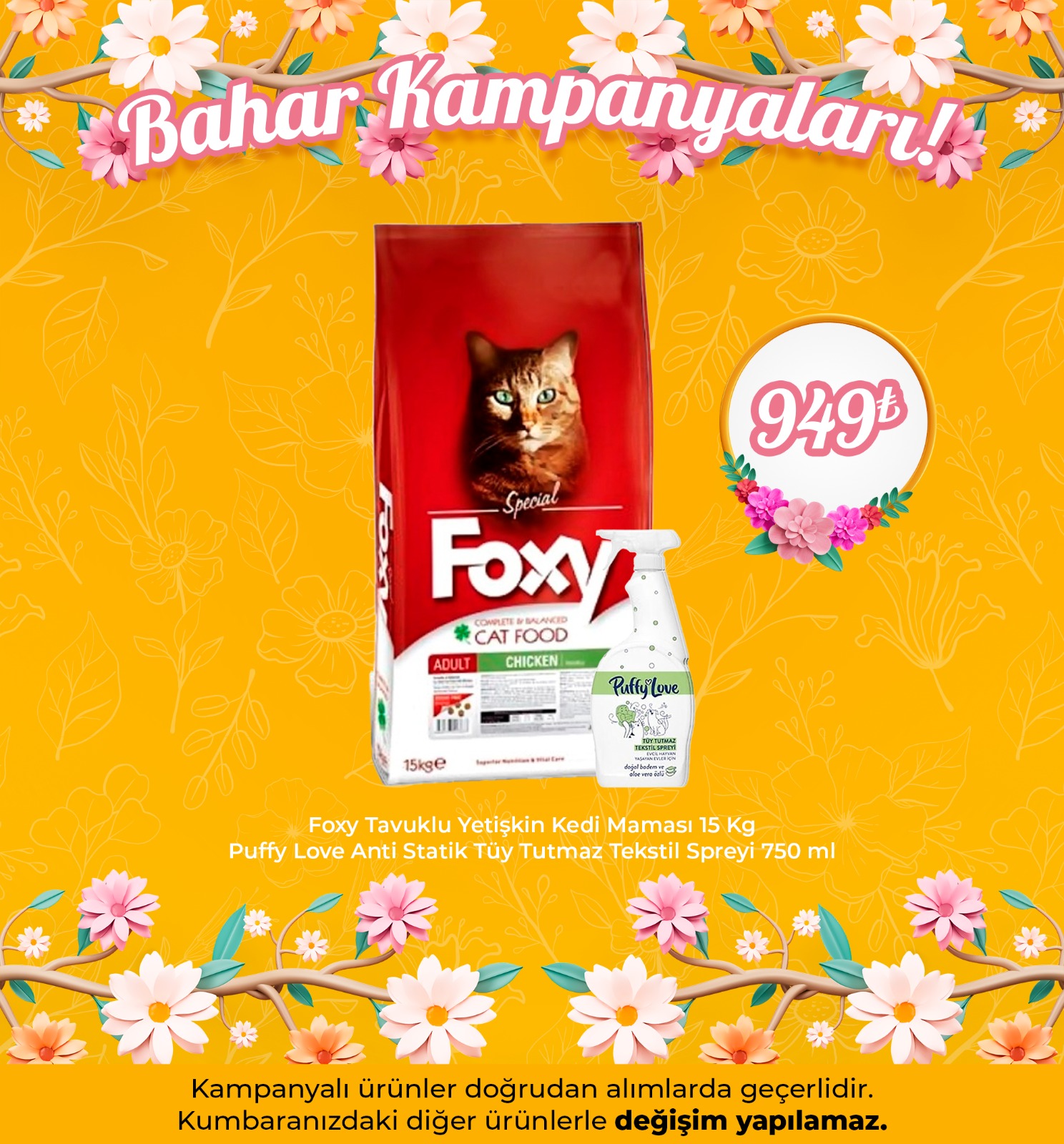 Foxy Tam ve Dengeli Tavuklu Yetişkin Kedi Maması 15 Kg + Puffy Love Anti Statik Tüy Tutmaz Tekstil Spreyi 750 ml