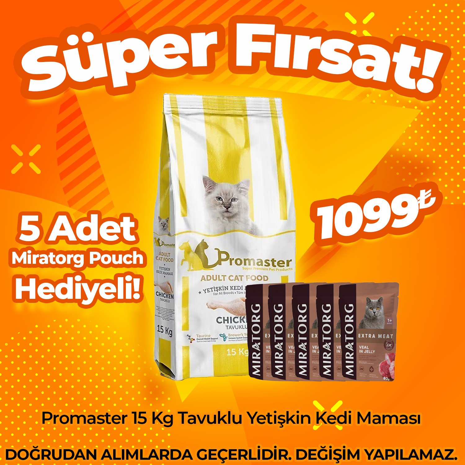 Promaster Tavuklu Yetişkin Kedi Maması 15 Kg + 5 adet Miratorg Pouch Hediye