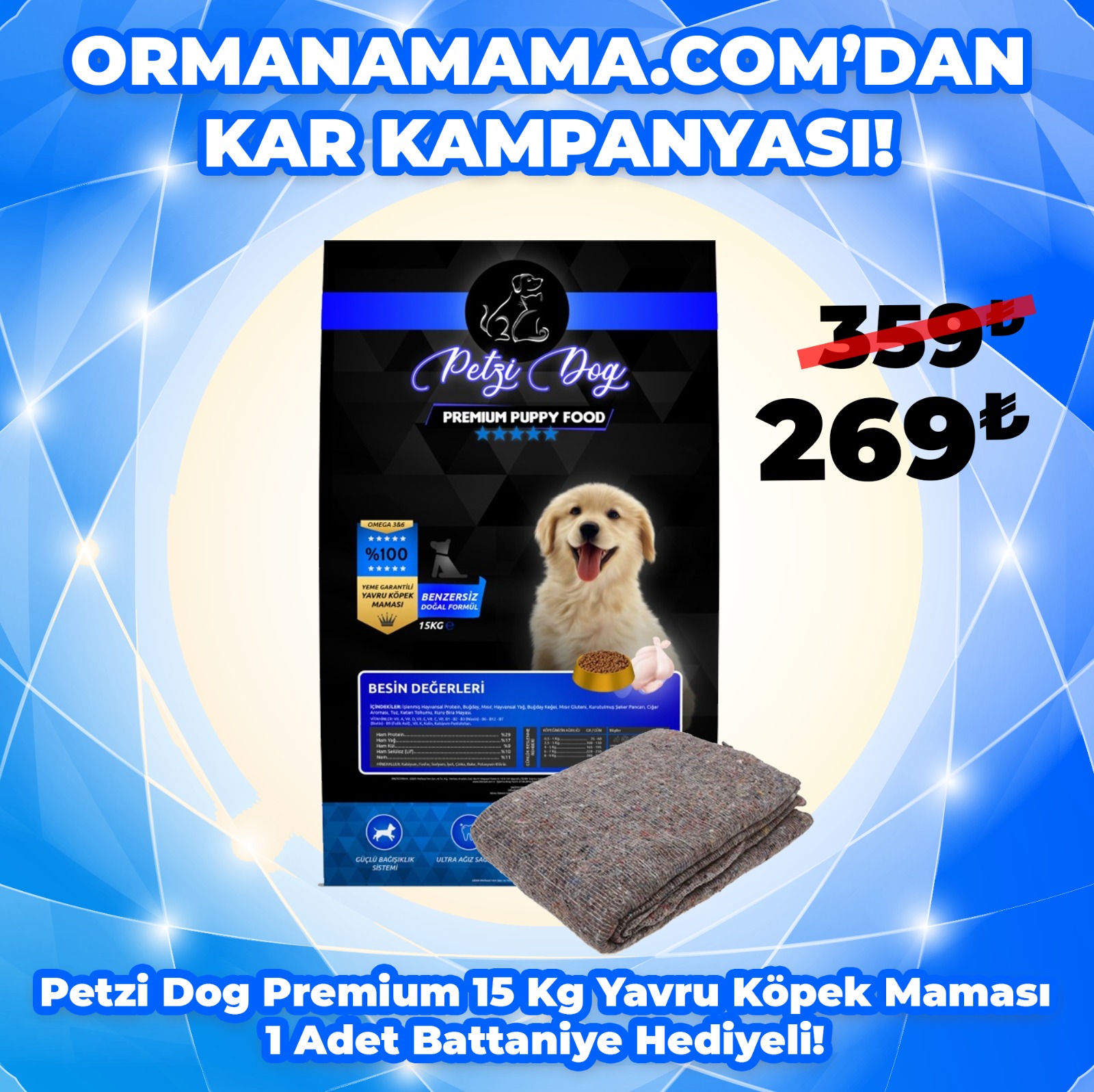 Petzi Dog Premium Puppy Tavuklu 15 Kg Yavru Köpek Maması 1 Adet Battaniye Hediyeli!