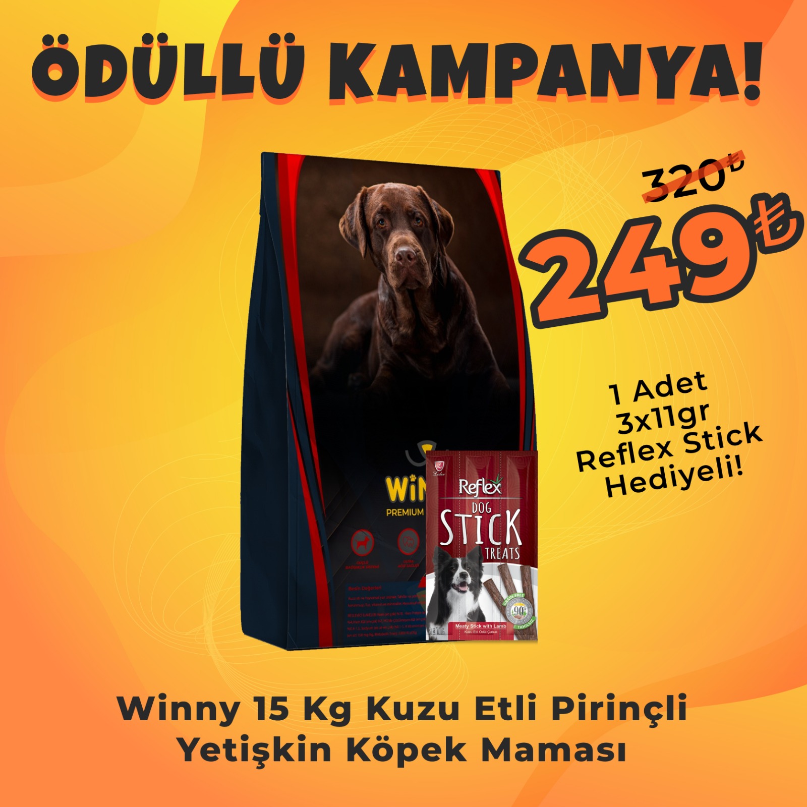 Winny Premium 15 Kg Kuzu Etli Yetişkin Köpek Maması + Reflex Köpek Stick Ödül Hediyeli 3x11 Gr