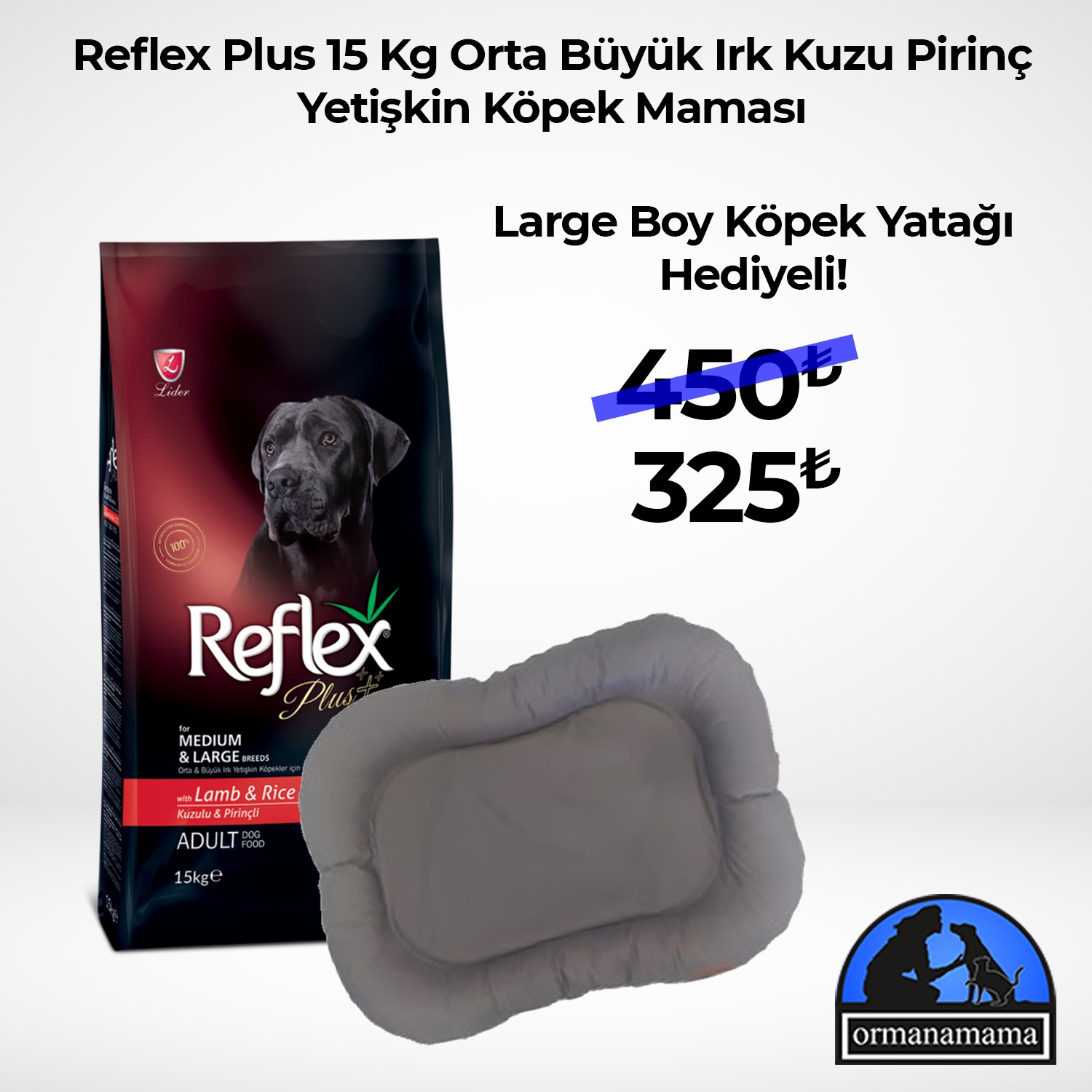Reflex Plus Orta Büyük Irk Kuzu Pirinç Yetişkin Köpek Maması 15 Kg + Large Boy Köpek Yatağı Hediyeli