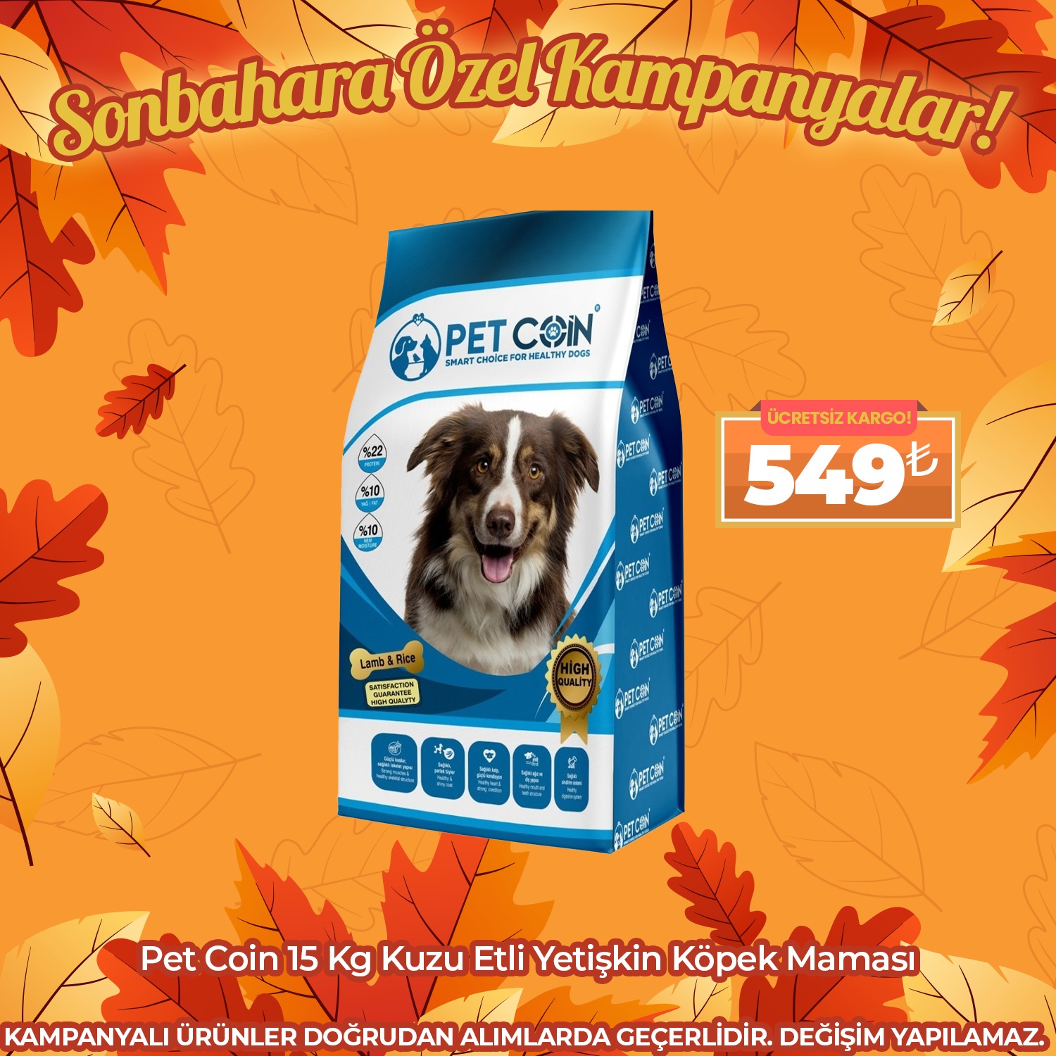 PetCoin Kuzu Etli Pirinçli Yetişkin Köpek Maması 15 Kg