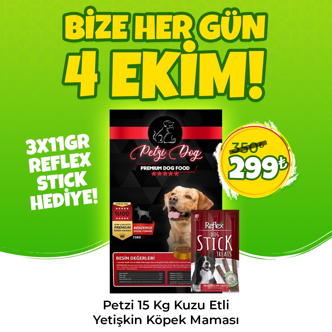 Petzi Dog Kuzu Etli 15 Kg Yetişkin Köpek Maması + Reflex Köpek Stick Ödül Hediyeli 3x11 Gr