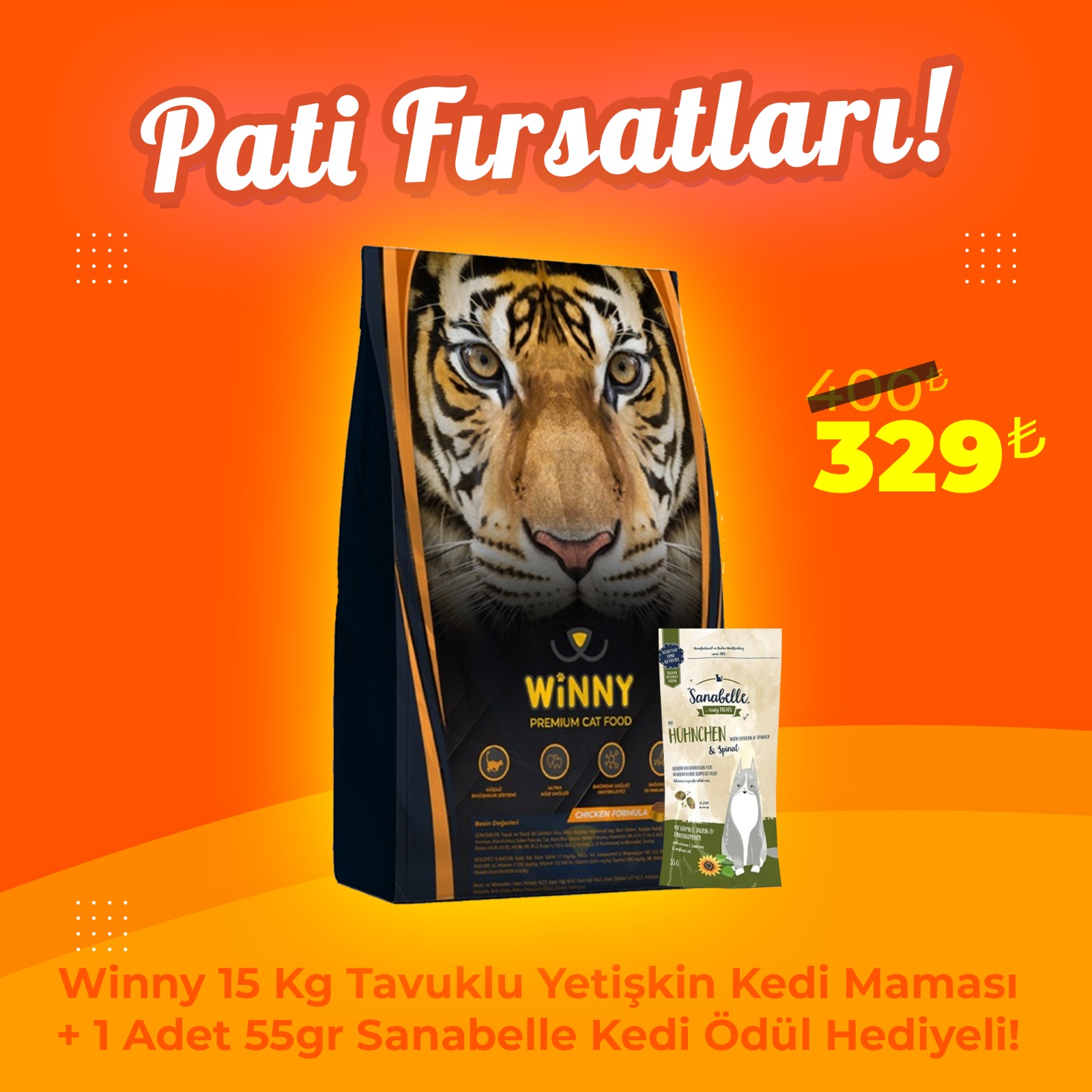 Winny Premium Cat Tavuklu 15 Kg Yetişkin Kedi Maması + 1 Adet Sanabelle Ödül Hediyeli