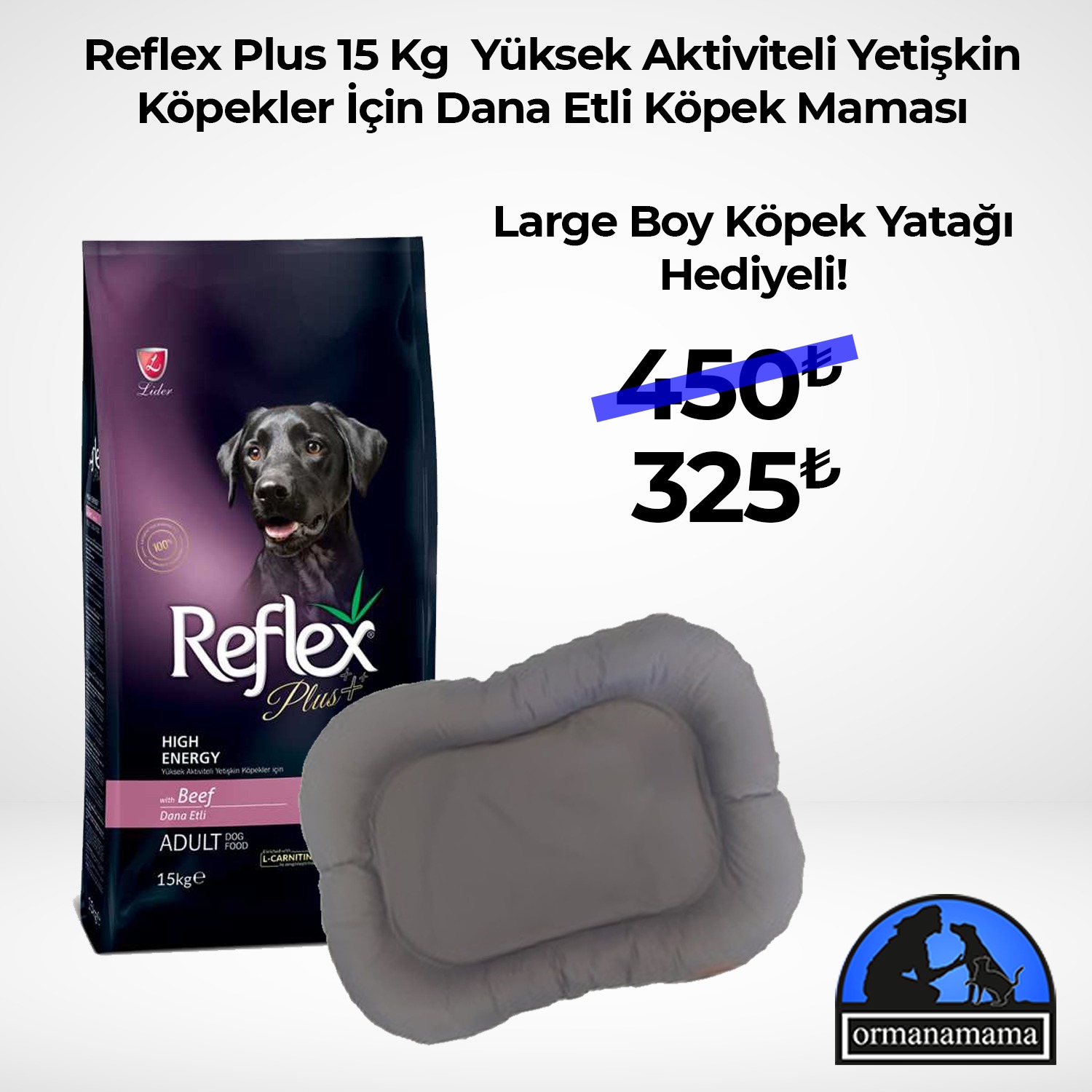 Reflex Plus 15 Kg Yüksek Enerjili Yetişkin Köpekler İçin Dana Etli + Large Boy Köpek Yatağı Hediyeli