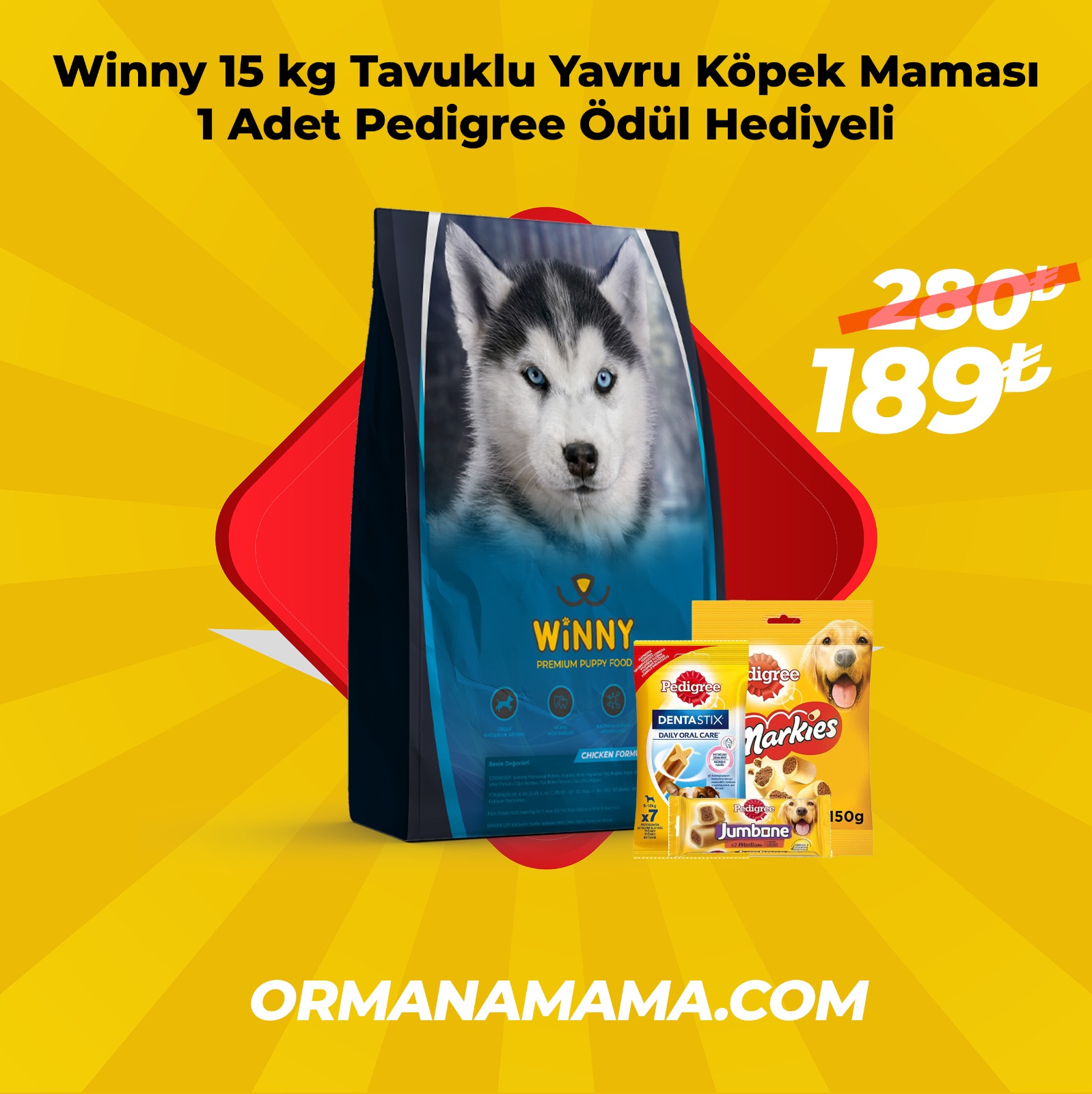 Winny Premium Puppy 15 Kg Yavru Köpek Maması + 1 Adet Pedigree Ödül Maması
