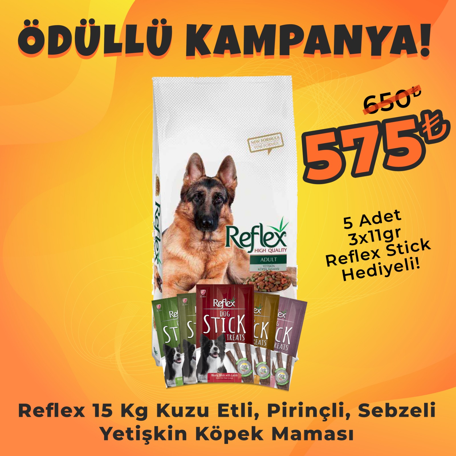 Reflex Sebzeli Yetişkin Köpek Maması 15 Kg + 5 Adet Reflex Köpek Stick Ödül Hediyeli 3x11 Gr