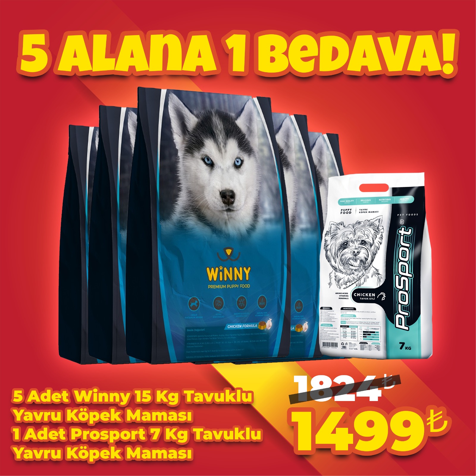 Winny Premium 15 Kg Yavru Köpek Maması 5 Alana 1 Prosport Yavru Köpek 7 kg Bedava