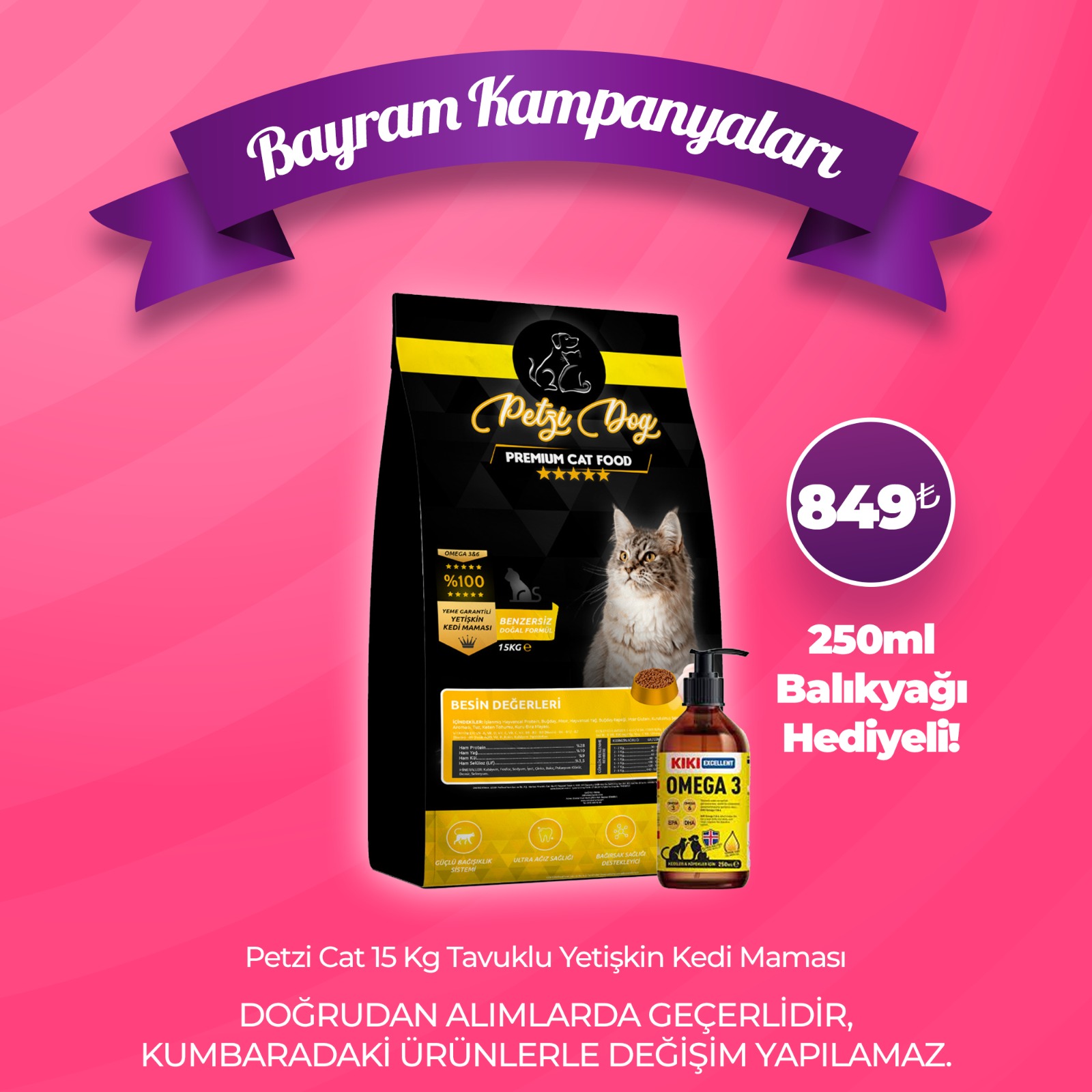 Petzi Cat Premium 15 Kg Tavuklu Yetişkin Kedi Maması - Kiki Excellent 250ml Omega 3 Balık Yağı Hediyeli