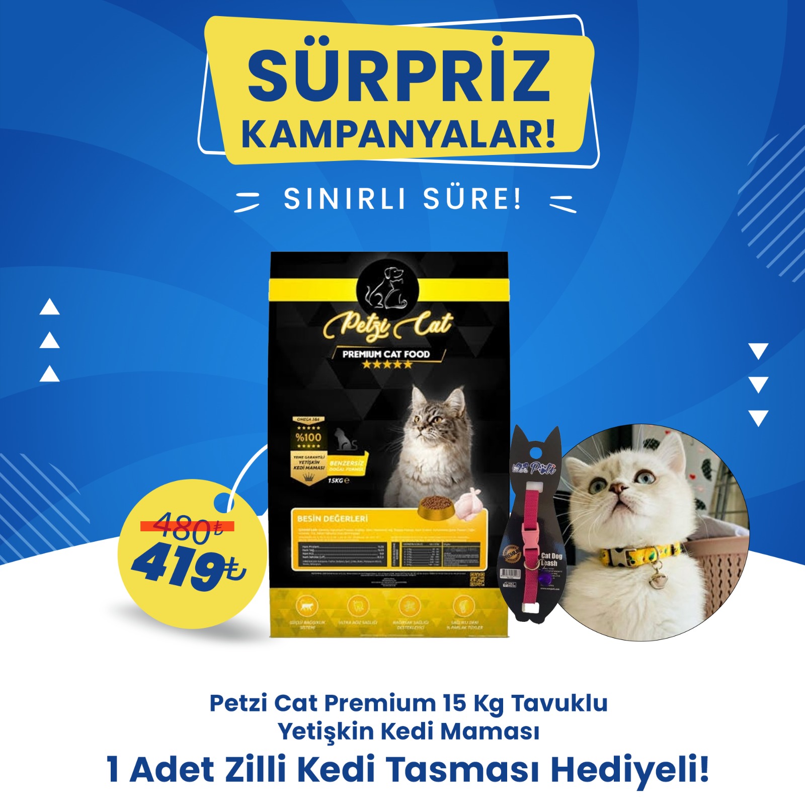 Petzi Cat Premium Tavuklu 15 Kg Yetişkin Kedi Maması + 1 Adet Zilli Kedi Tasması Hediyeli