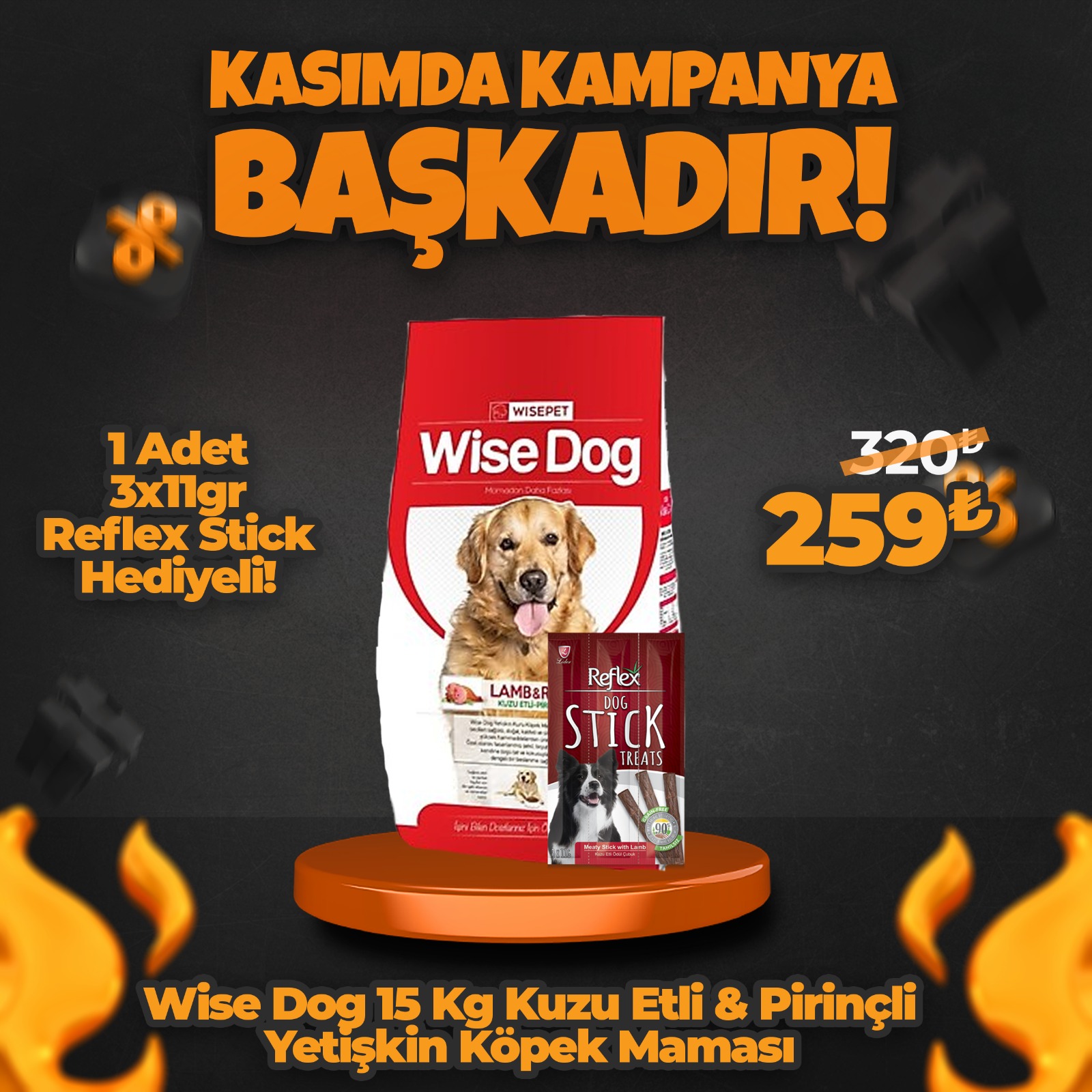 Wise Dog 15 Kg Kuzu Etli Pirinçli Yetişkin Köpek Maması + 1 Adet Reflex Stick Ödül Hediyeli