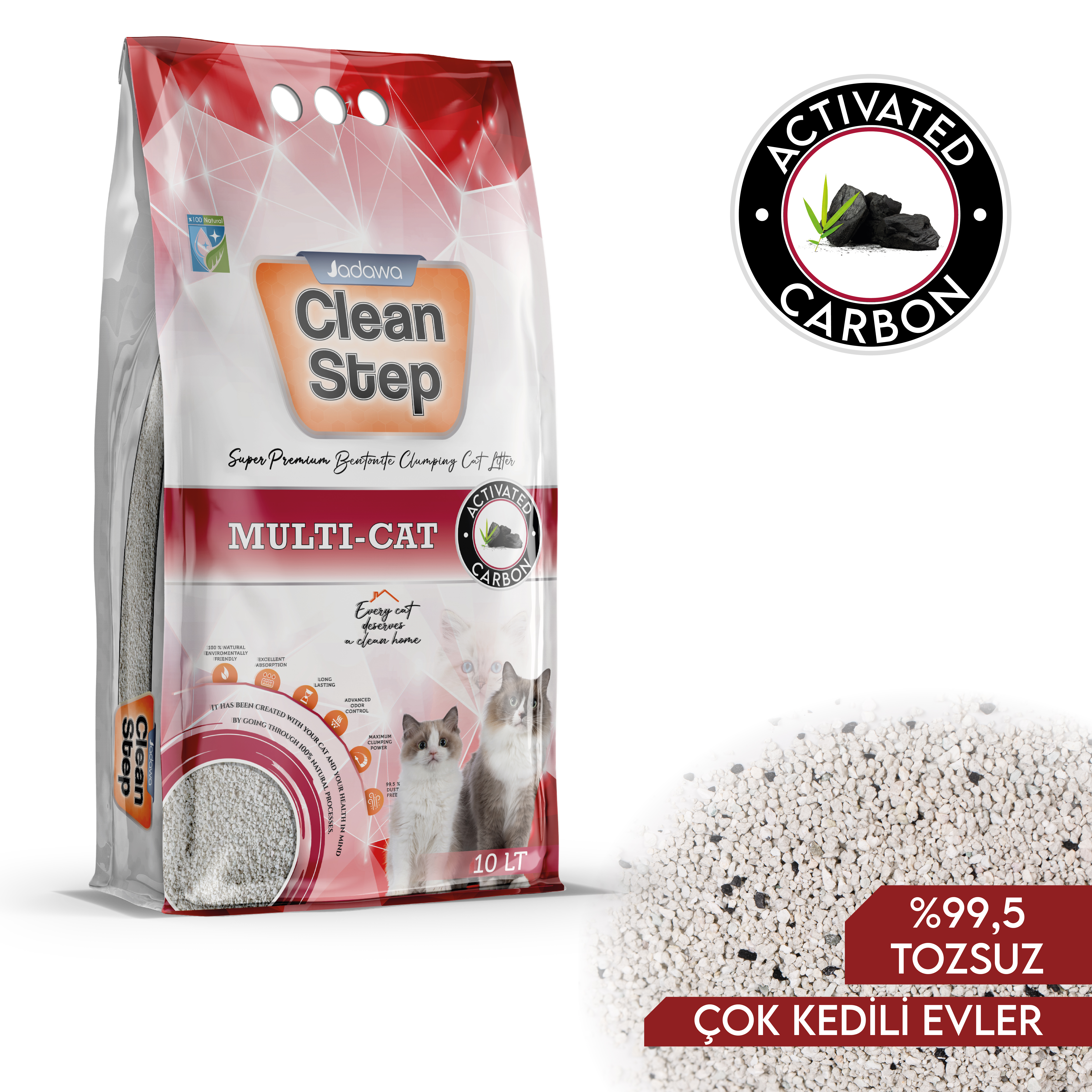 Clean Step Multi-Cat Çoklu Kediler için Aktif Karbonlu Topaklanan İnce Tane Bentonit Kedi Kumu 10 LT