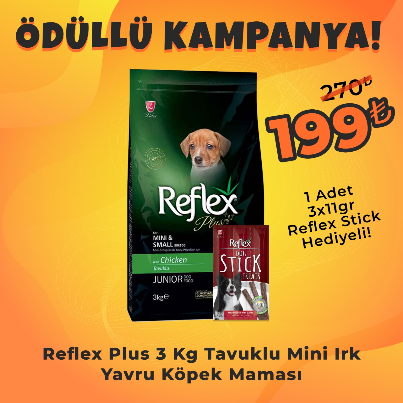 Reflex Plus Mini Irk Tavuklu Yavru Köpek Maması 3 Kg + Reflex Köpek Stick Ödül Hediyeli 3x11 Gr