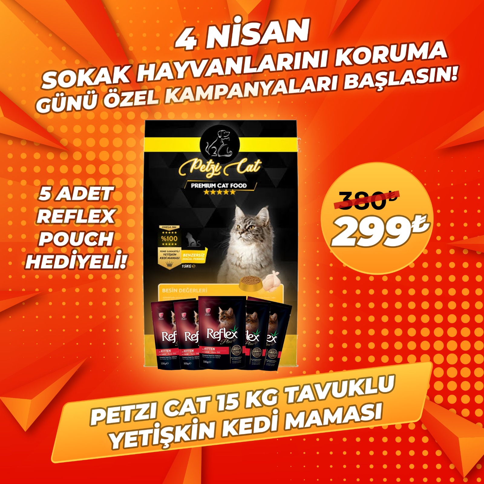 Petzi Cat Premium 15 Kg Tavuklu Yetişkin Kedi Maması + 5 Adet Reflex 100 Gr Kedi Pouch Hediye