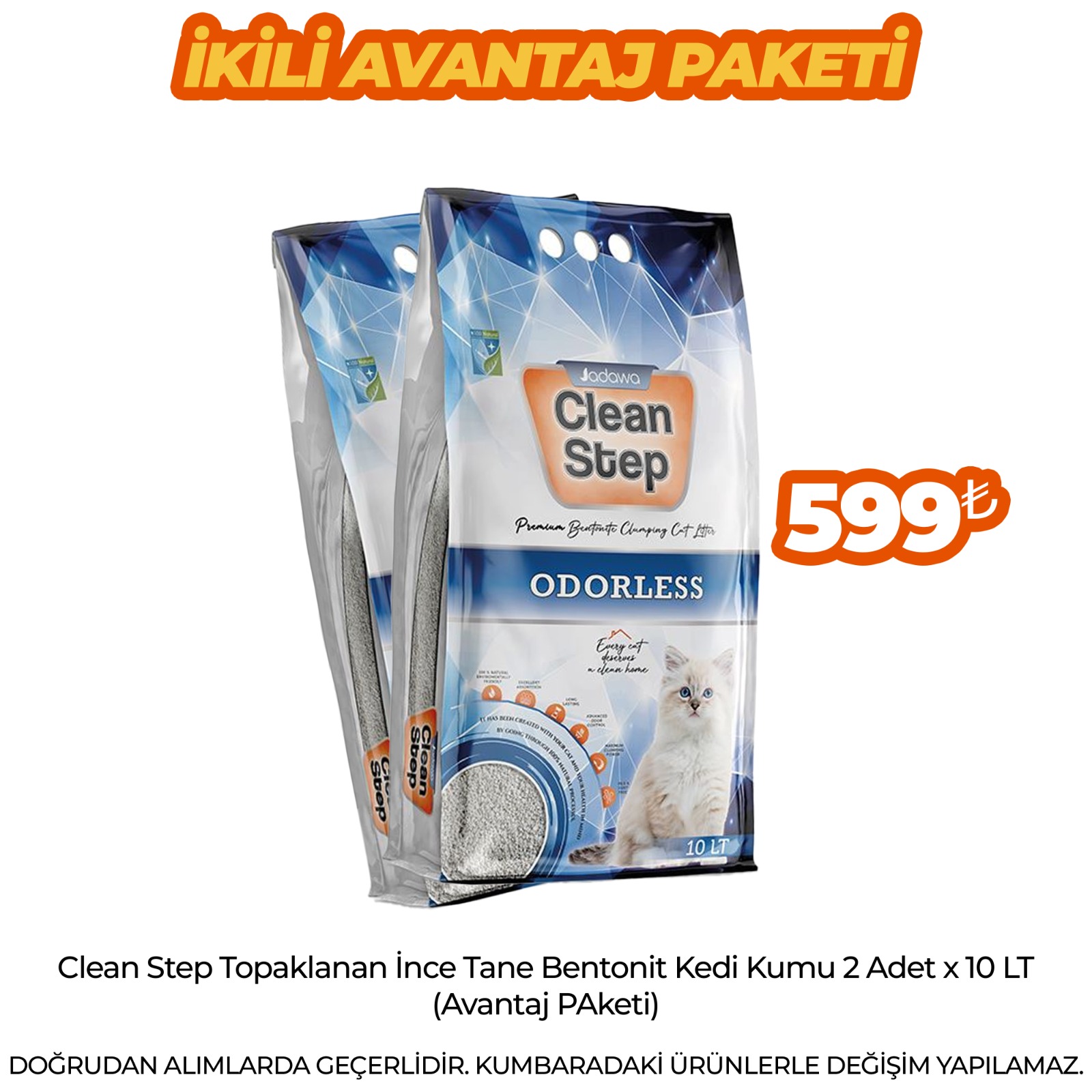 Clean Step Topaklanan İnce Tane Bentonit Kedi Kumu 2 Adet x 10 LT (Avantaj PAketi)