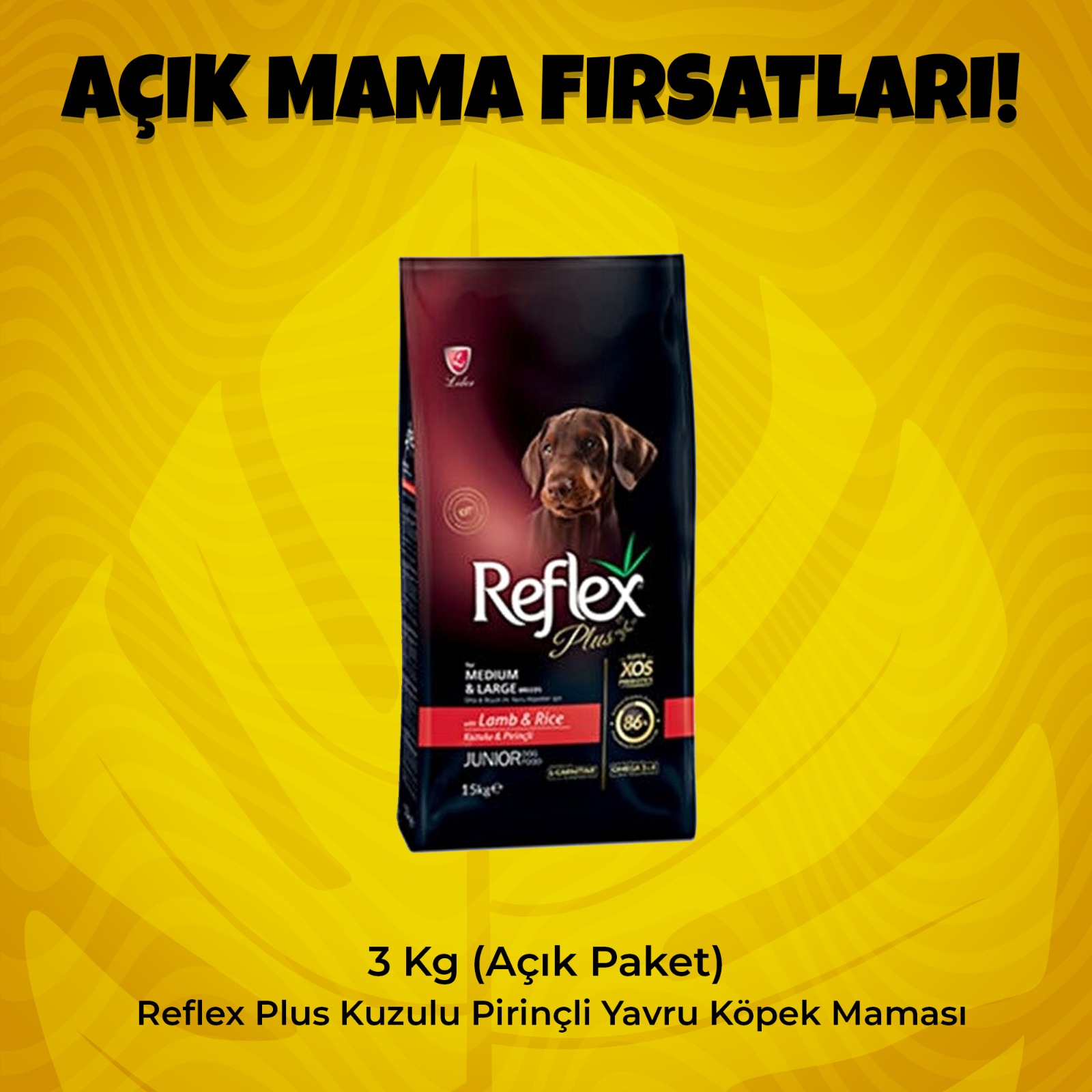 Açık Paket Reflex Plus Kuzulu Pirinçli Yavru Köpek Maması 3 kg