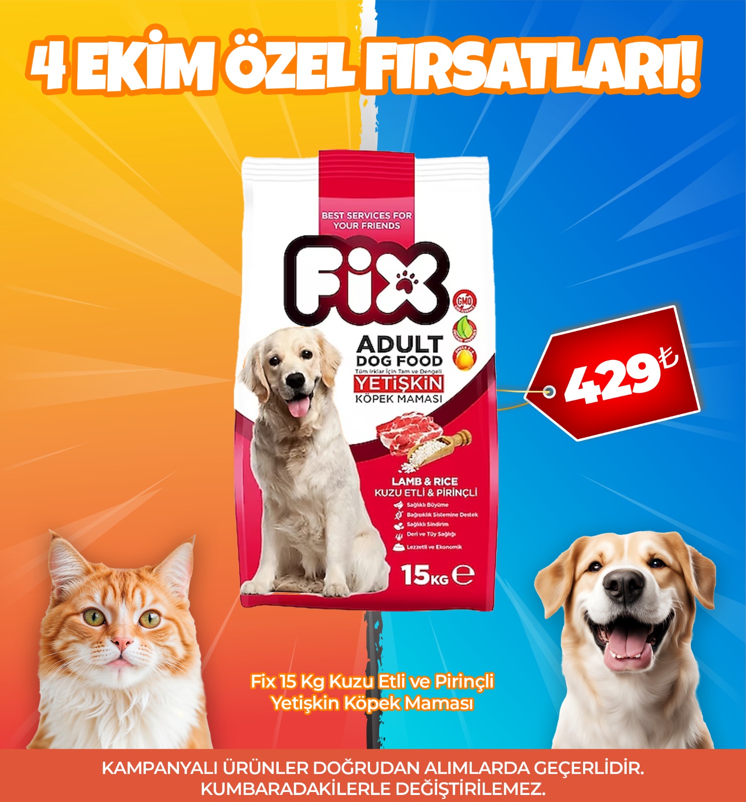 Fix 15 Kg Kuzu Etli ve Pirinçli Yetişin Köpek Maması (4 Ekim Özel)