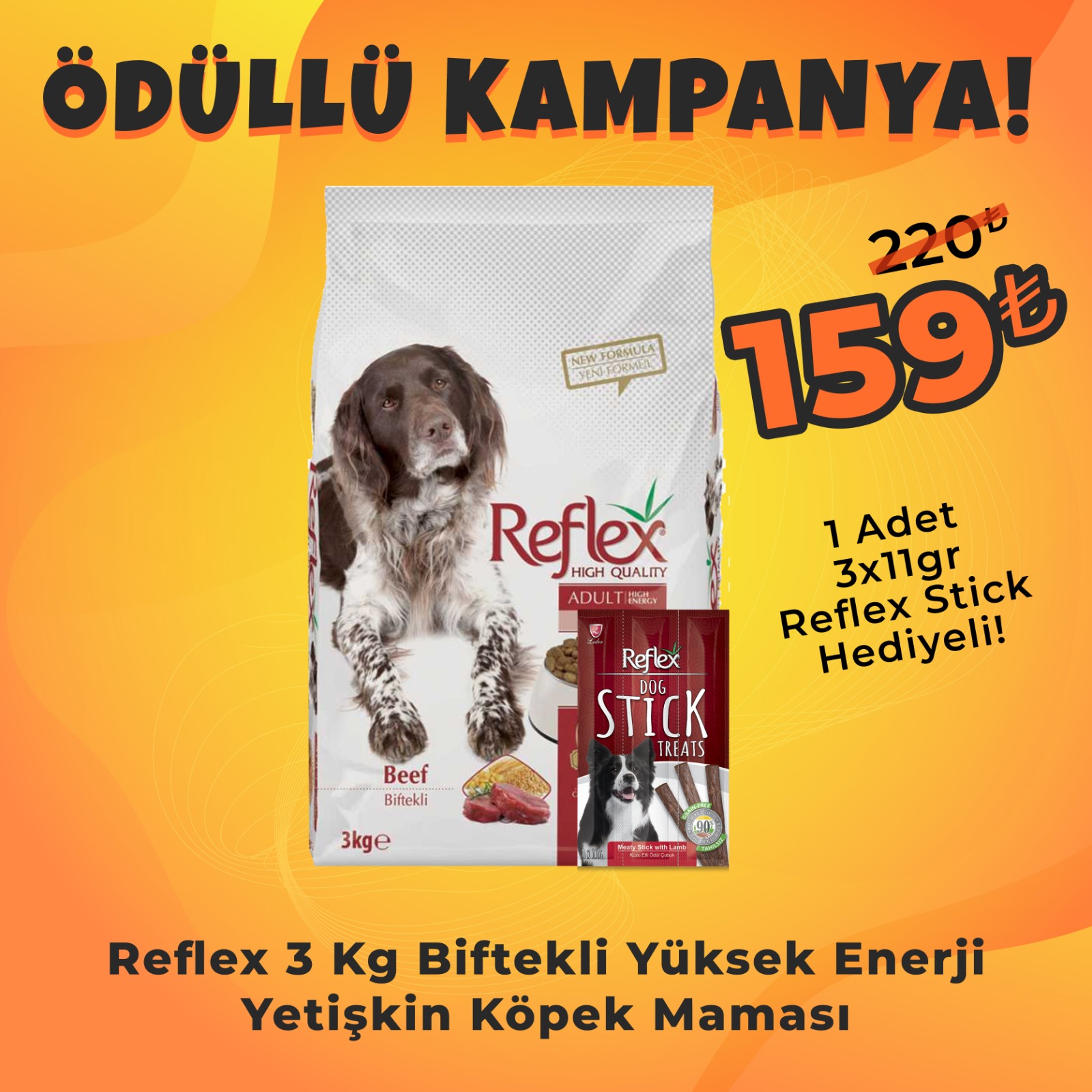 Reflex Biftekli Yüksek Enerjili Köpek Maması 3 Kg + Reflex Köpek Stick Ödül Hediyeli 3x11 Gr