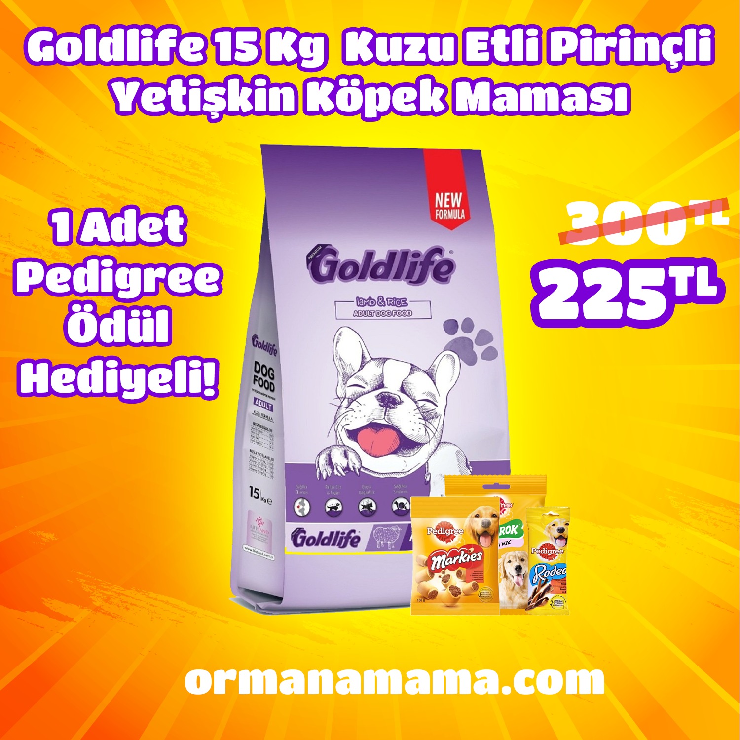 Goldlife Kuzu Etli Pirinçli Yetişkin Köpek Maması 15 Kg + 1 Adet Pedigree Ödül Maması Hediyeli