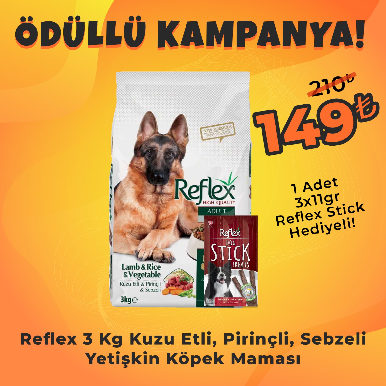 Reflex Kuzulu Pirinçli ve Sebzeli Yetişkin Köpek Maması 3kg + Reflex Köpek Stick Ödül Hediyeli 3x11 Gr