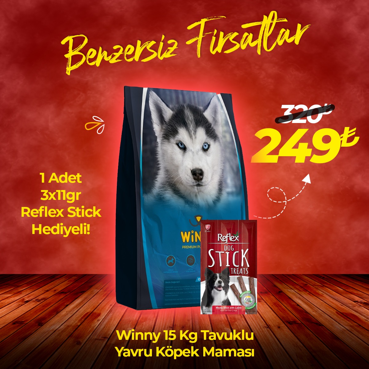 Winny Premium Puppy 15 Kg Yavru Köpek Maması + Reflex Köpek Stick Ödül Hediyeli 3x11 Gr