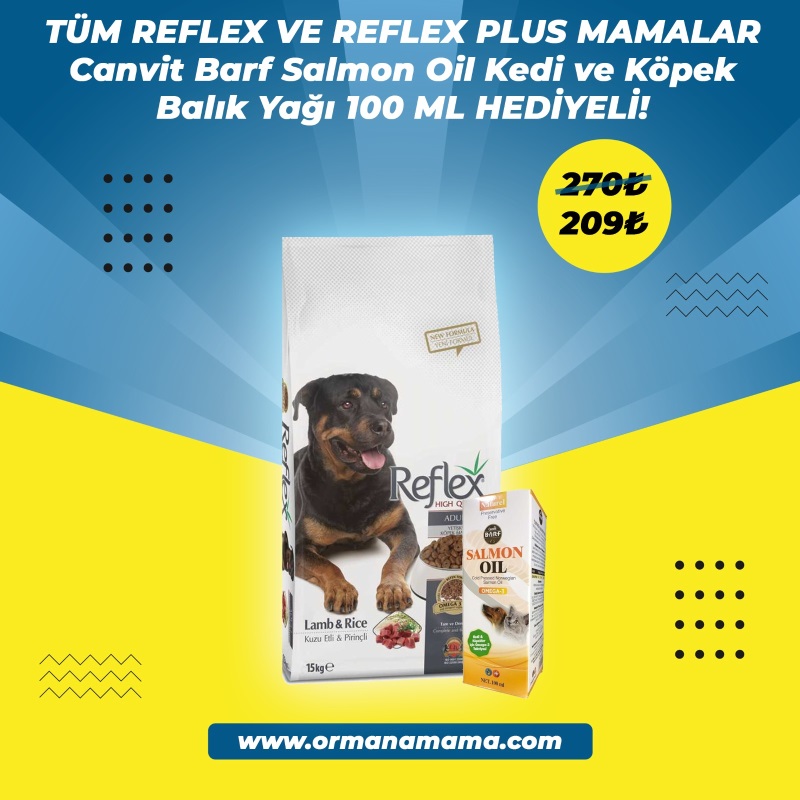 Reflex Kuzu ve Pirinçli 15 Kg Yetişkin Köpek Maması  Canvit 100ML Kedi ve Köpek için Balık Yağı Hedliyeli!