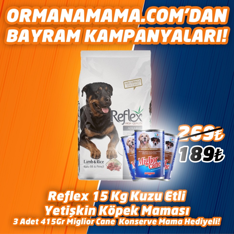 Reflex Yetişkin Kuzu Köpek Maması 15 Kg 3 Adet Miglior Cane Konserve Hediye