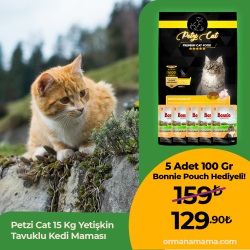 Petzi Cat Premium Tavuklu 15 Kg Yetişkin Kedi Maması  5 Adet 100Gr Bonnie Pouch Mama Hediyeli