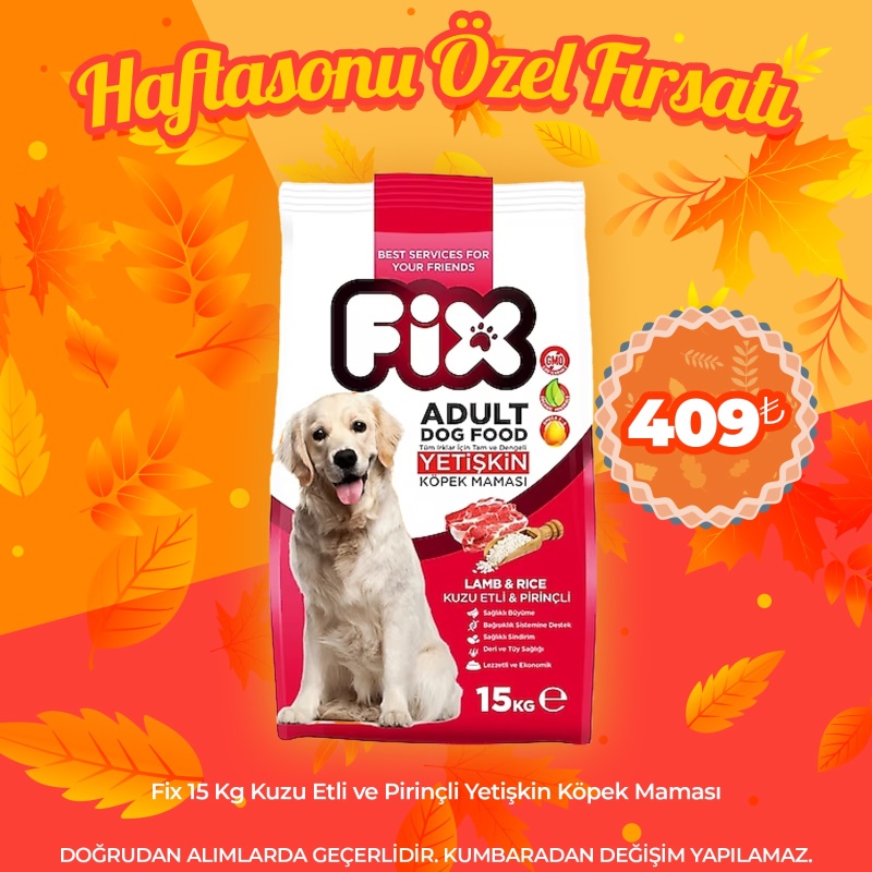 Fix 15 Kg Kuzu Etli ve Pirinçli Yetişin Köpek Maması (Haftasonu Özel)