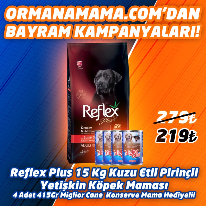 Reflex Plus Orta Büyük Irk Kuzu Pirinç Yetişkin Köpek Maması 15 Kg  4 Adet 415 Gr Miglior Cane Konserve Hediye
