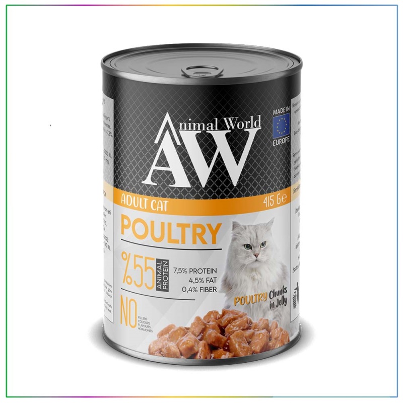 Animal World Jöle İçerisinde Kümes Hayvanı Etli Yetişkin Kedi Konservesi 415 Gr x 24 Adet