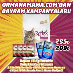 Reflex Tavuklu Yetişkin Kedi Maması 15 Kg  2 Adet Miglior Gatto Konserve, 4 Adet 100 Gr Bonnie Pouch Hediye
