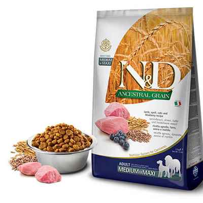N&D Ancestral Grain Medium Maxi Yaban Mersinli Kuzulu Düşük Tahıllı Yetişkin Köpek Maması 2,5 Kg