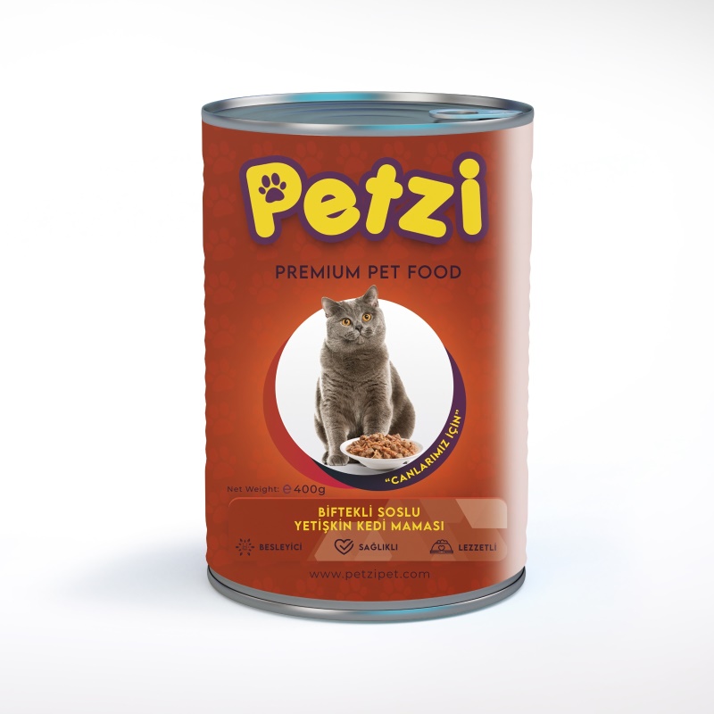 Petzi Cat Premium Biftekli Soslu Yetişkin Kedi Konservesi 400 Gr x 24 Adet