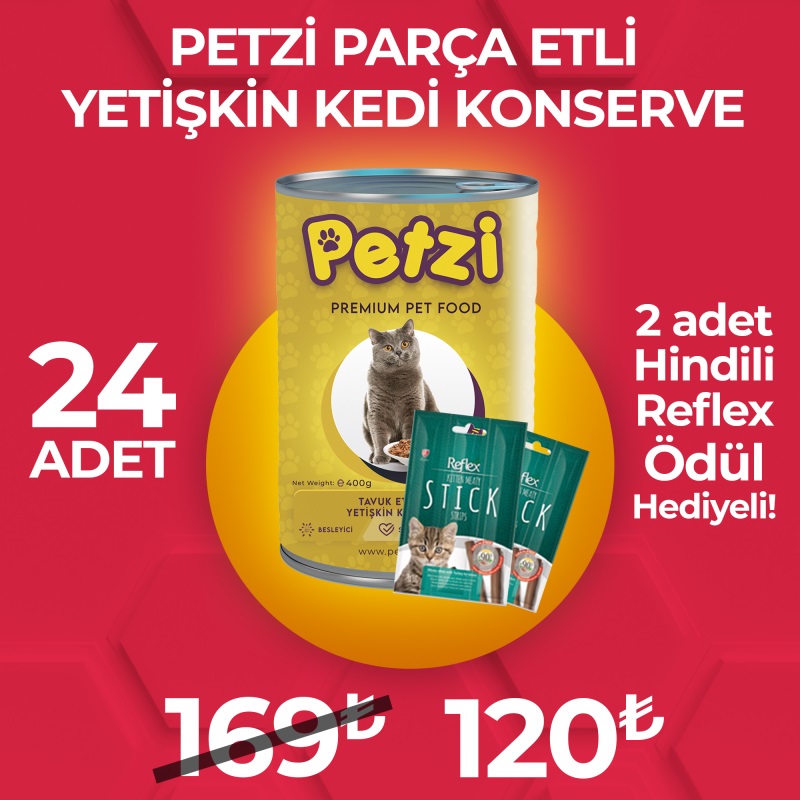 Petzi Cat Premium Yetişkin Konserve Mama x 24 Adet + 2 Adet Reflex Stick Hindili Ödül Hediyeli